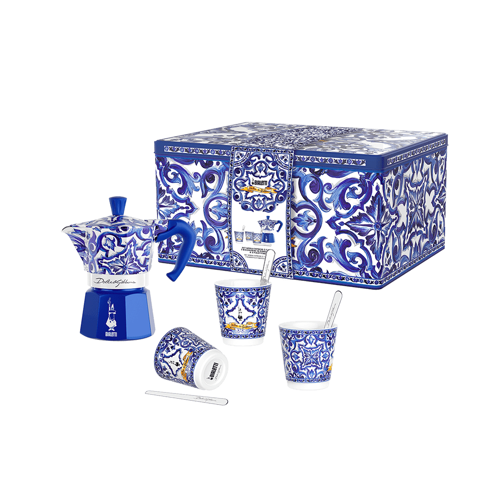 Set Moka Express Blu Mediterraneo 3 tz, 3 bicchierini di porcellana e 3 palettine argentate