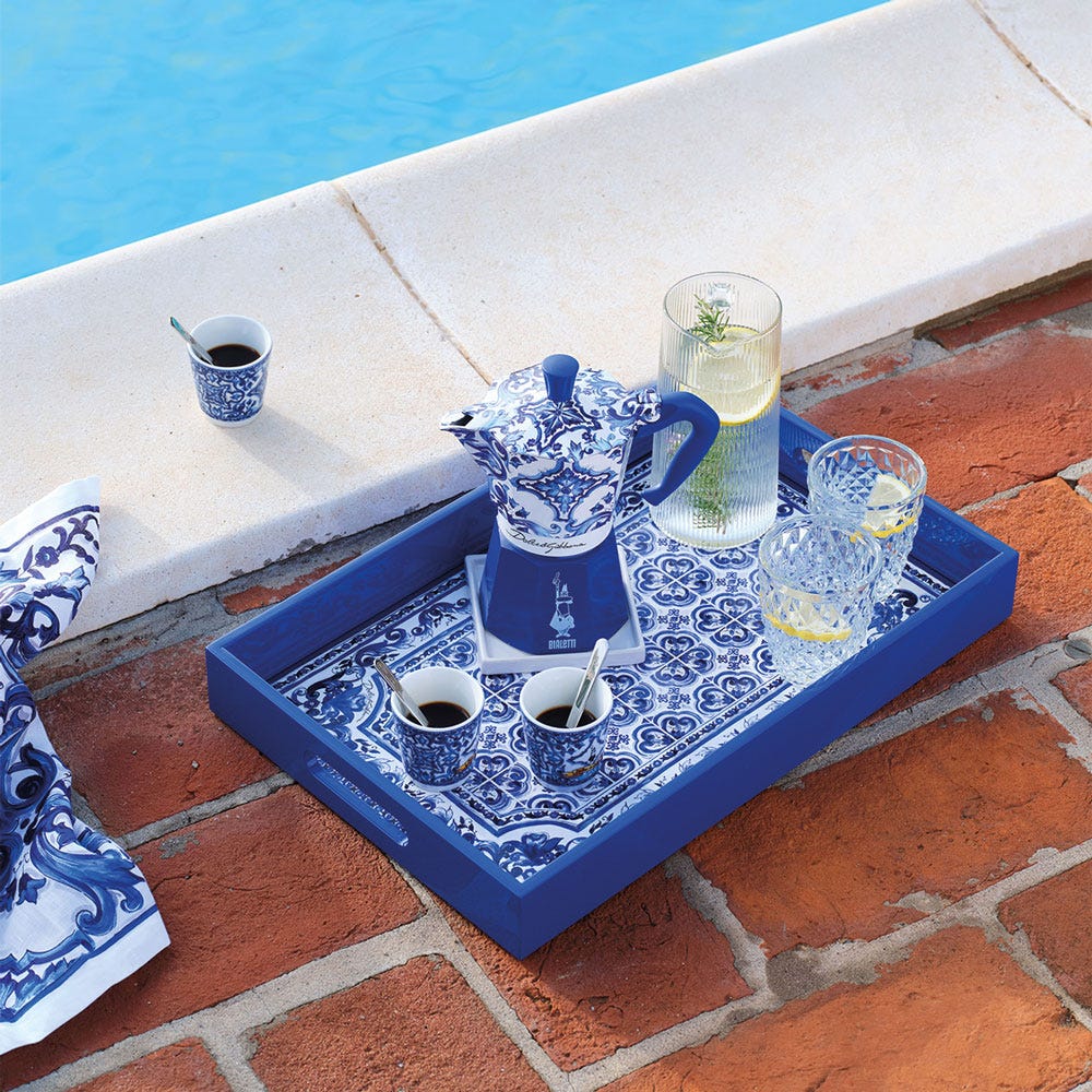 Set Moka Express Blu Mediterraneo 6 tz, 3 bicchierini di porcellana e 3 palettine argentate