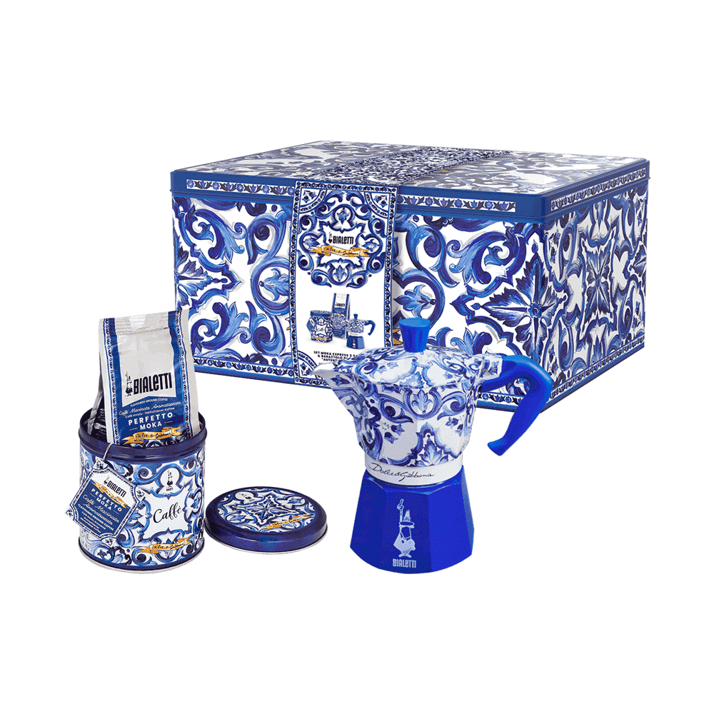 Set Moka Express Blu Mediterraneo 3 tz e Perfetto Moka Autentico