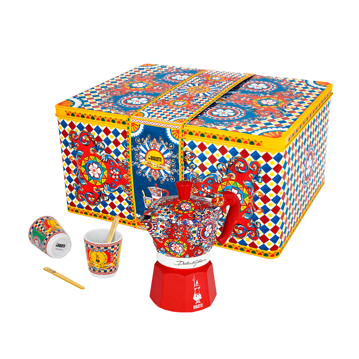 Set Moka Express Carretto Siciliano 2 tz, 2 bicchierini in porcellana e 2 palettine dorate