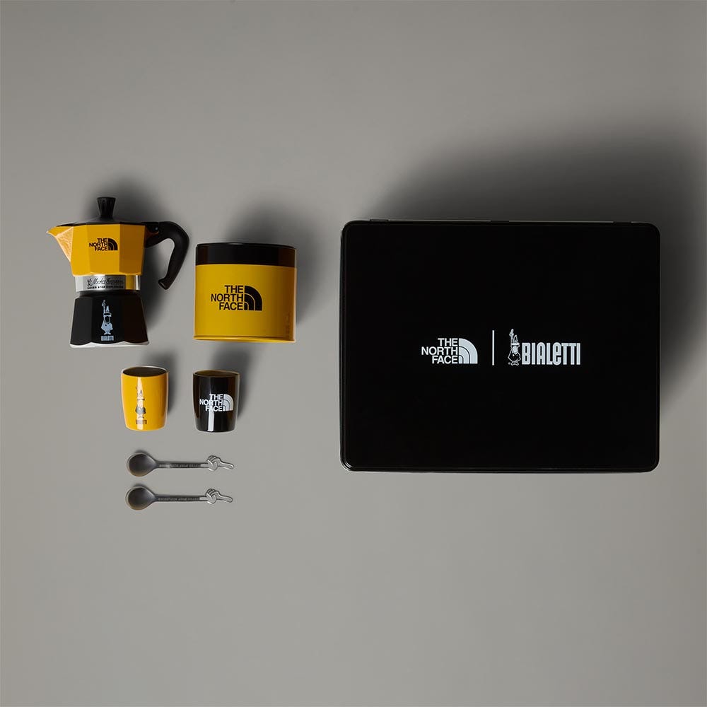 Set Moka Express The North Face 3 tz 2 bicchierini 2 cucchiaini e caffè Perfetto Moka 100 gr in latta