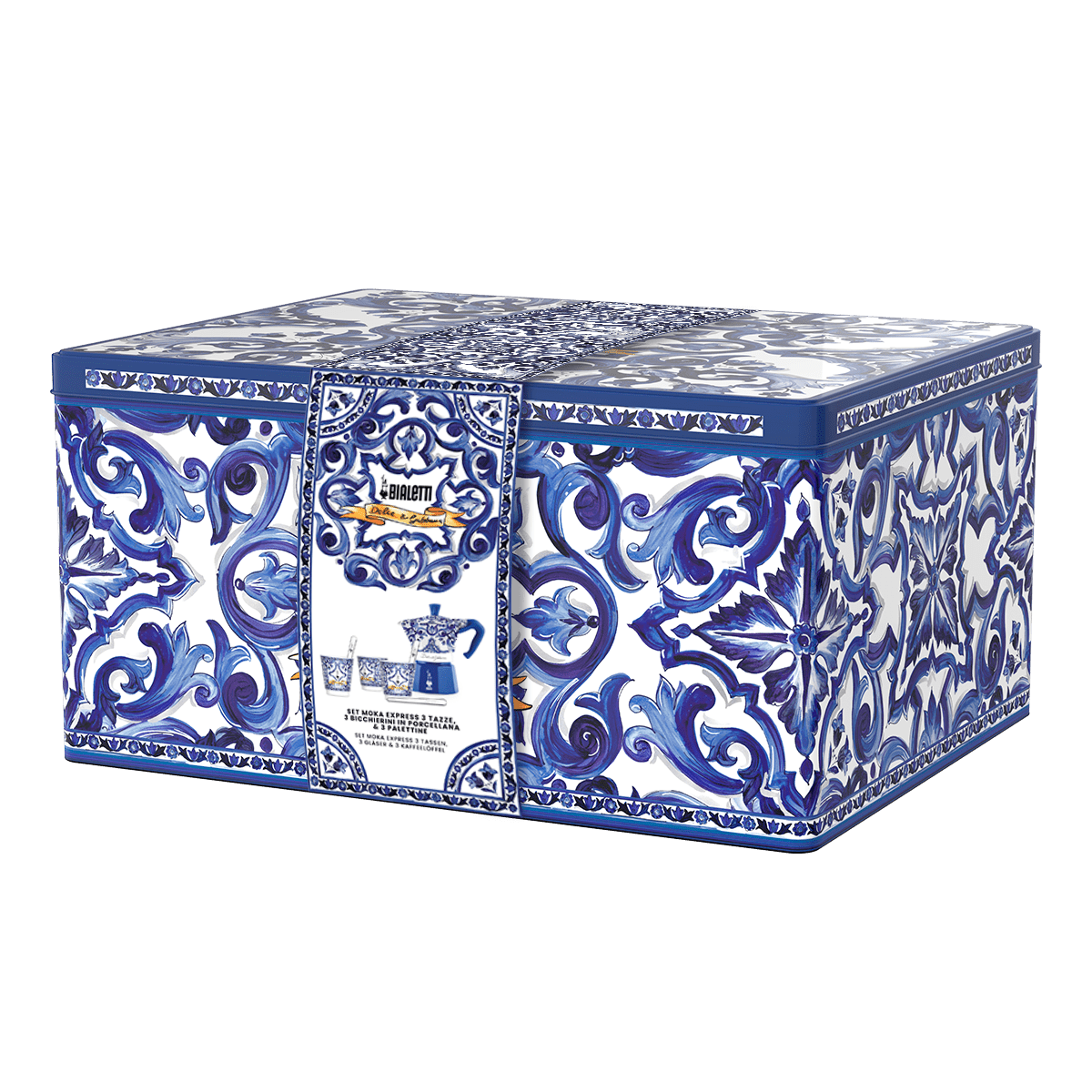 Set Moka Express Blu Mediterraneo 6 tz, 3 bicchierini di porcellana e 3 palettine argentate